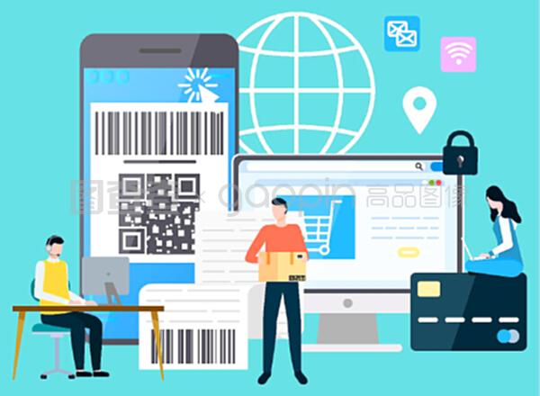 有支付保障的智能手機和計算機,購物和送貨。網上支付系統,帶筆記本電腦的字符。平面卡通風格的矢量插圖。國際商務現代技術小工具